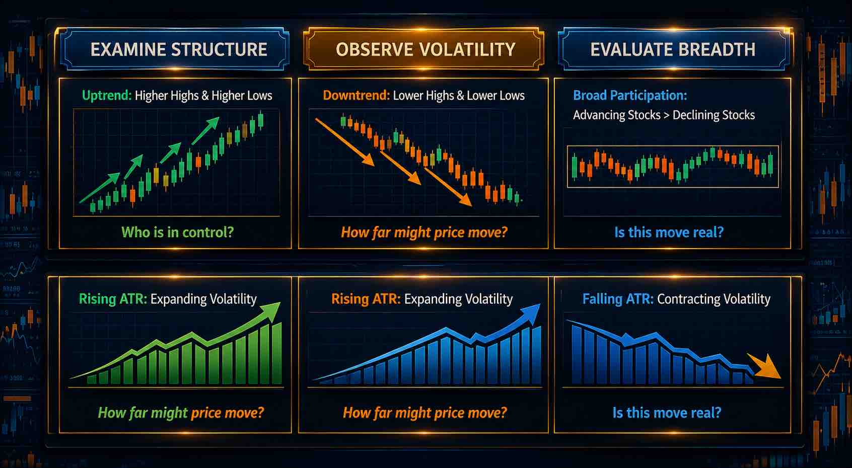 Infographic explaining how traders diagnose market conditions using structure, volatility, and market breadth with chart examples.