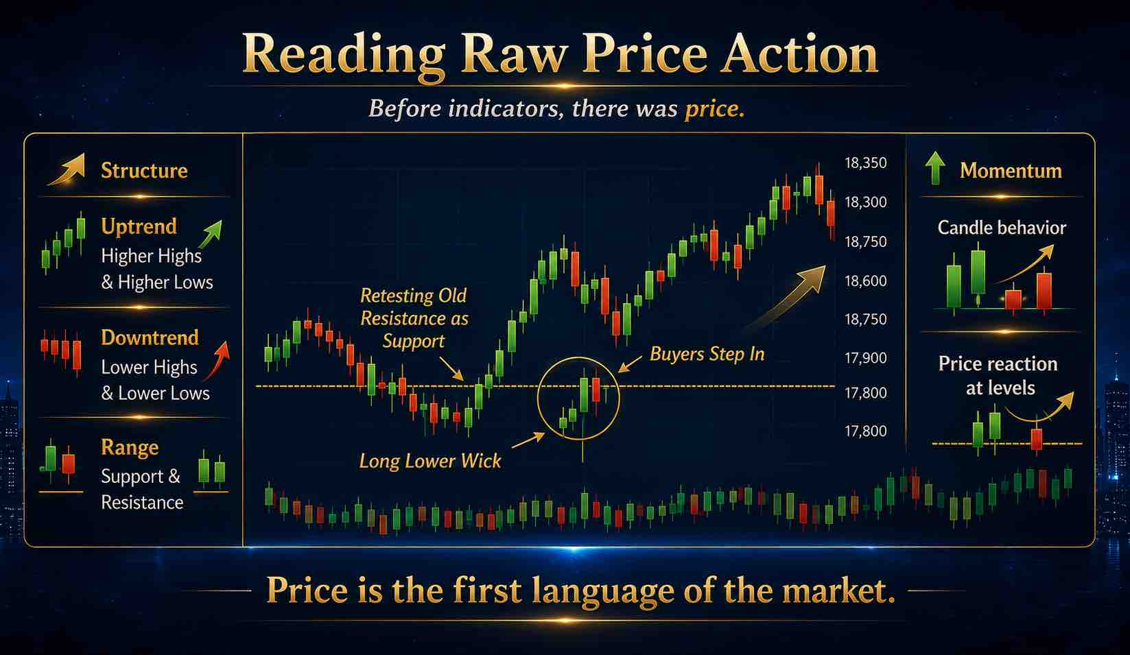 Candlestick chart illustrating raw price action analysis including uptrend structure, support and resistance, momentum candles and market behaviour without indicators.