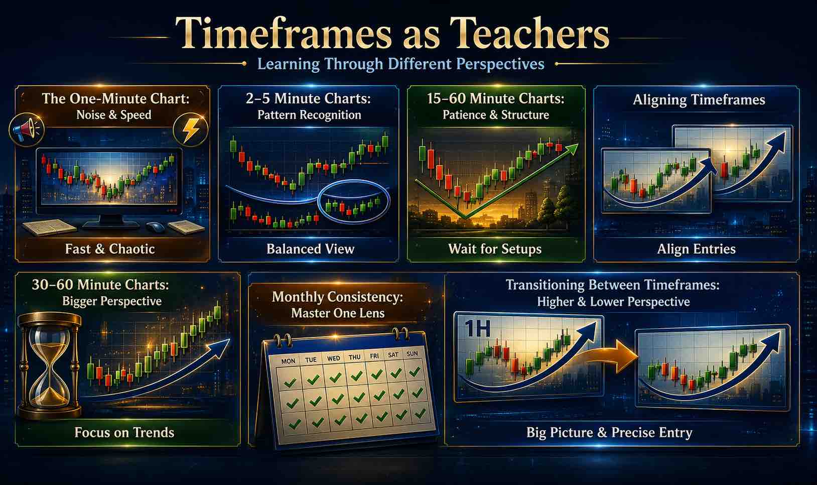 Illustration explaining how different trading timeframes teach unique market perspectives, from recognising one-minute chart noise to building patience, trend analysis, and multi-timeframe decision-making.