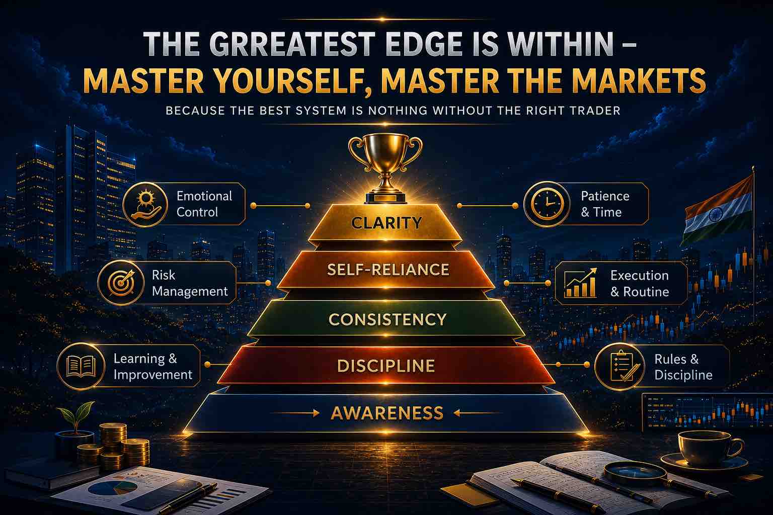 Pyramid illustrating the personal foundations of successful trading, showing awareness, discipline, consistency, self-reliance, and clarity supported by emotional control, risk management, patience, execution, and continuous learning.