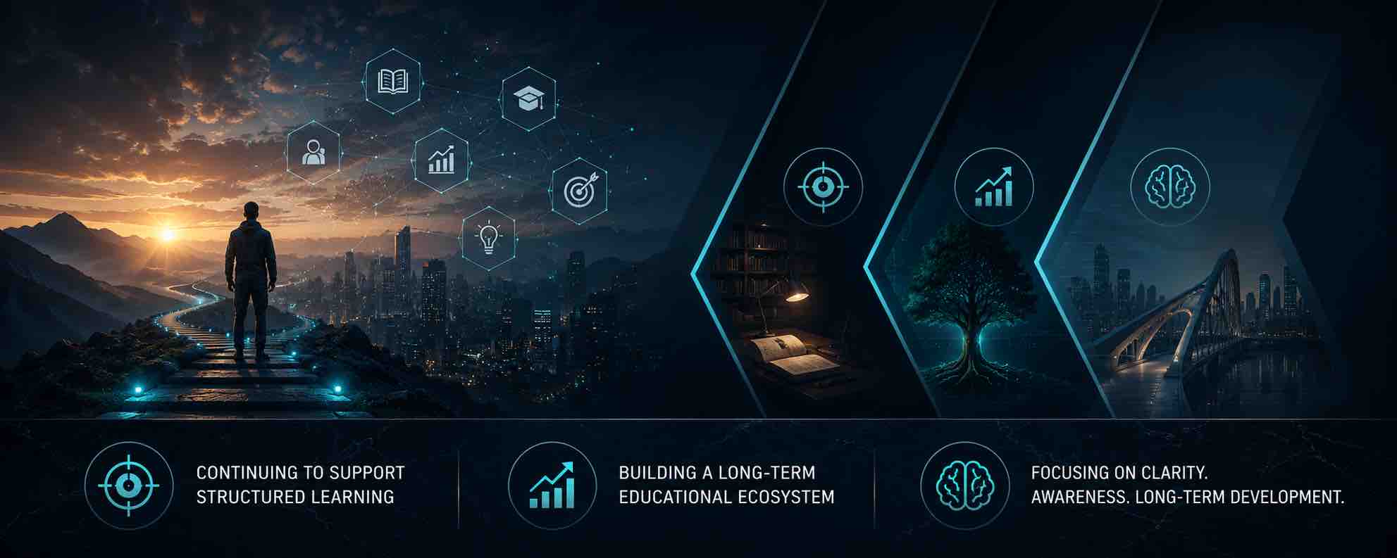 A panoramic illustration showing a learner looking towards a future financial education ecosystem supported by structured learning and independent market understanding.