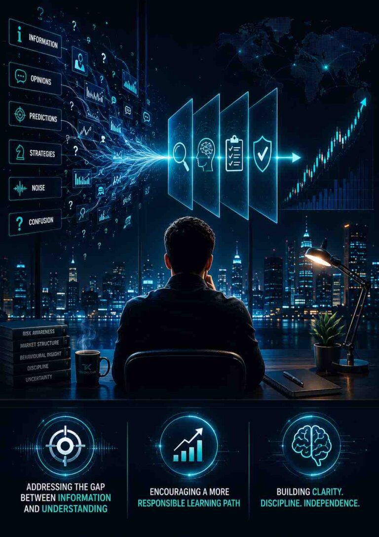 A conceptual financial market visual showing information being transformed into structured understanding through disciplined learning, risk awareness, and informed decision-making.