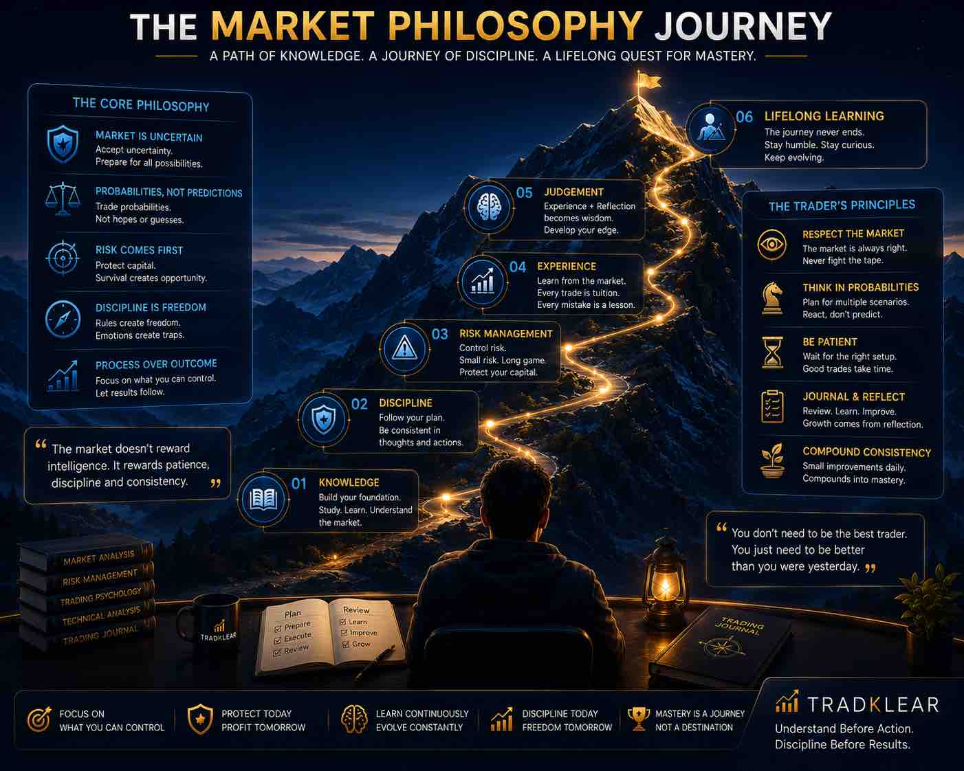 Illustration showing the journey of developing a personal trading philosophy through knowledge, discipline, risk management, experience, judgement, and continuous learning in the financial markets.