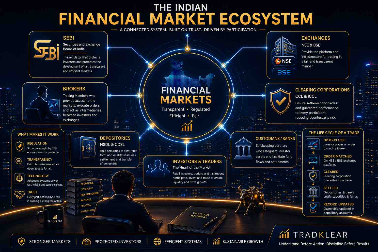 Illustration of the Indian financial market ecosystem showing SEBI, stock exchanges, brokers, clearing corporations, depositories, investors, and traders working together within the market structure.