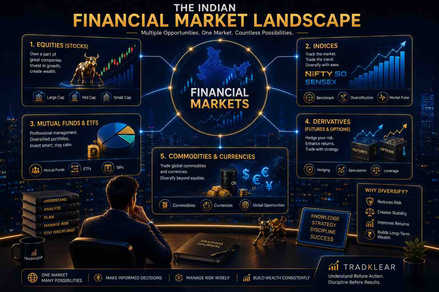 Illustration showing the major financial instruments available in the Indian financial market, including equities, indices, mutual funds, ETFs, futures, options, commodities, and currencies within a structured market landscape.