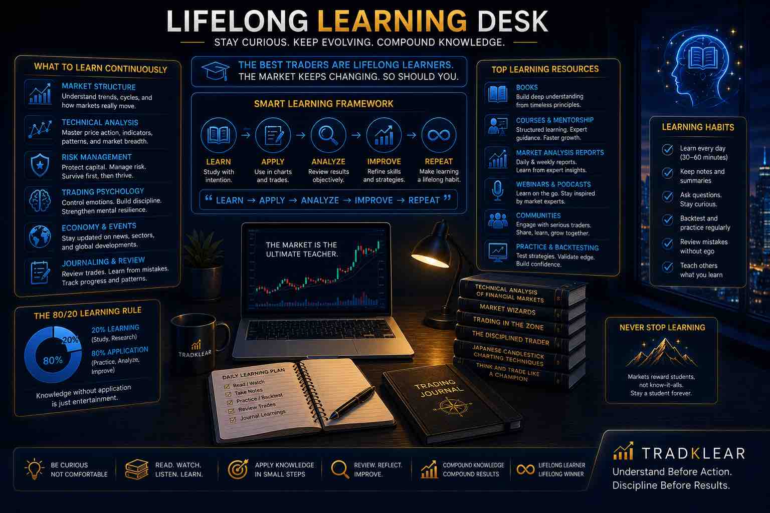 Illustration of a lifelong stock market learning workspace featuring books, market charts, a trading journal, financial reports, and educational resources that support continuous learning and disciplined market development.