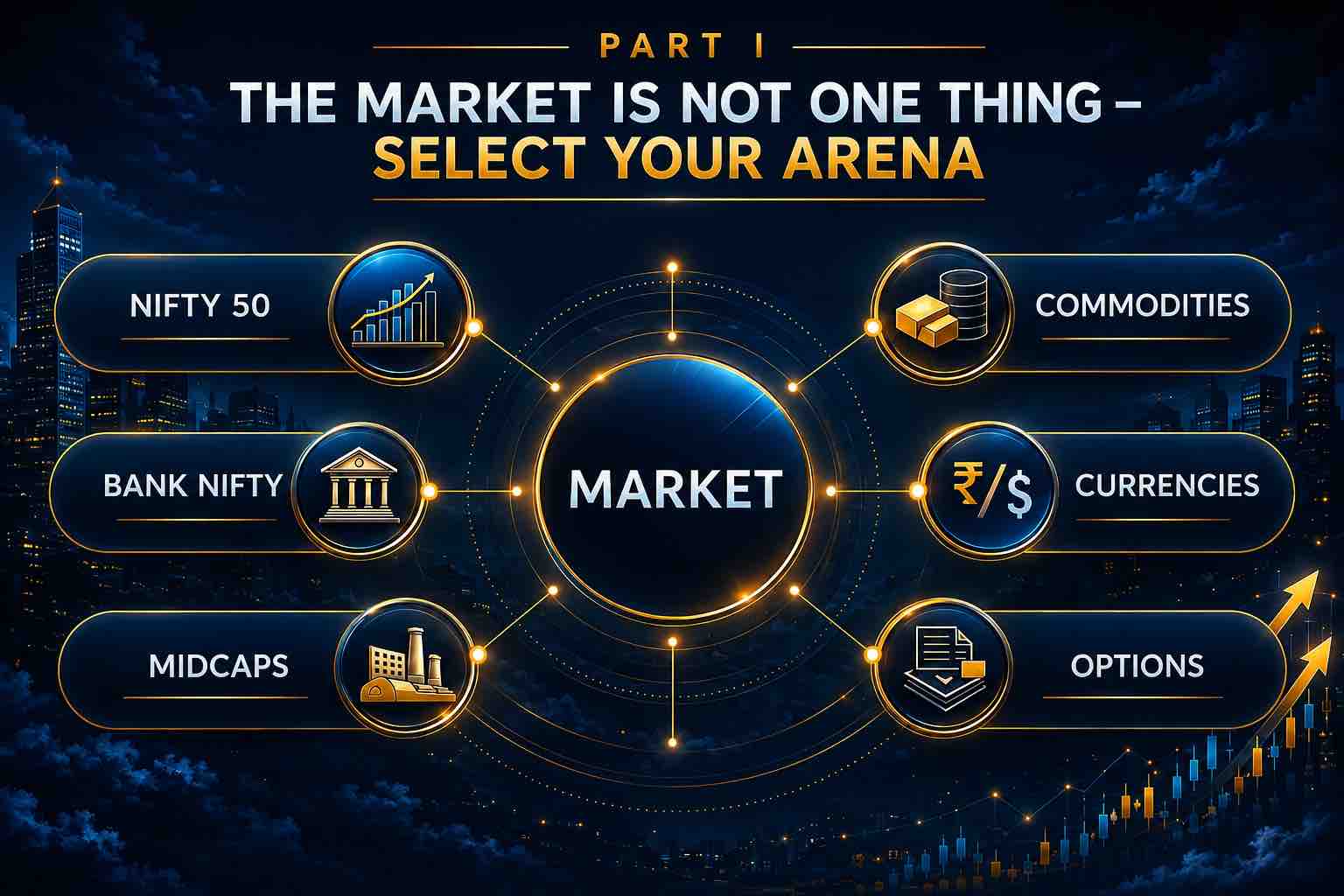 Structured ecosystem diagram of the Indian stock market showing Nifty 50, Bank Nifty, midcaps, commodities, currencies and options interconnected.