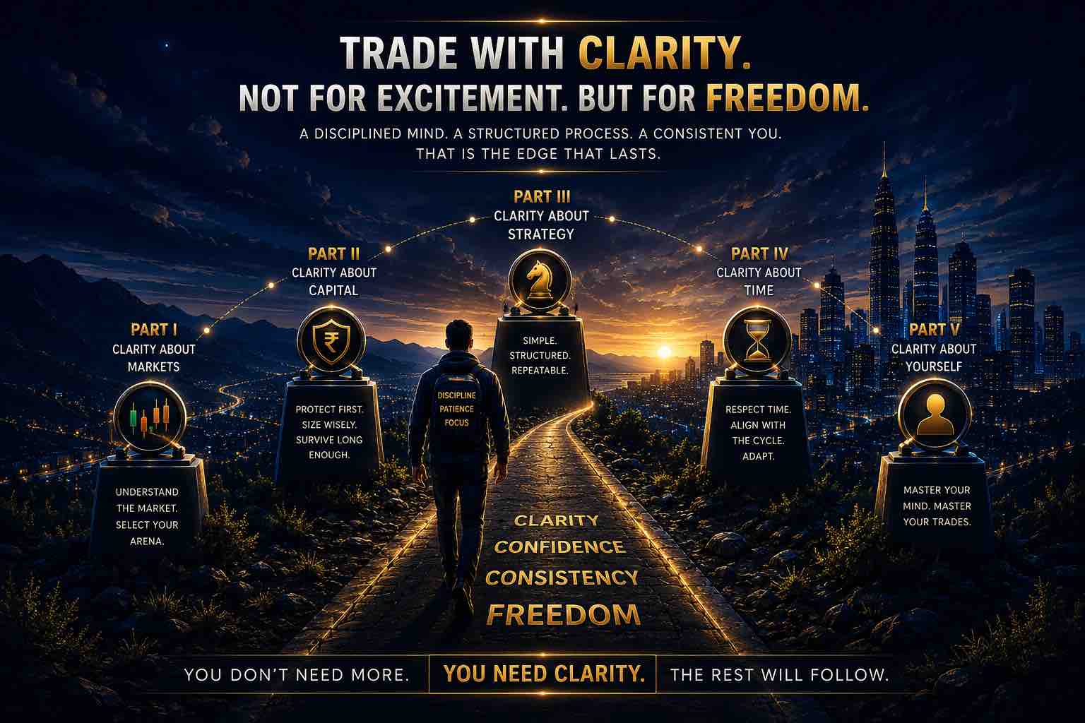 Trade With Clarity framework showing the five pillars of successful stock market trading including capital, strategy, time, discipline and self-awareness for beginner traders in India.