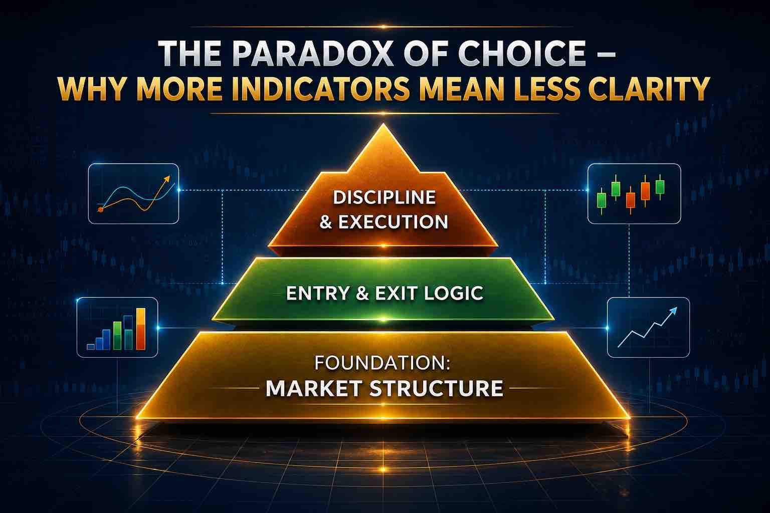 Pyramid illustrating a structured trading framework — market structure as the foundation, entry and exit logic as strategy, and disciplined execution at the top.