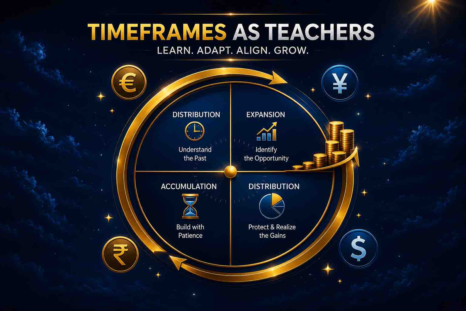 Circular framework illustrating how different trading timeframes teach market participants to learn from the past, build with patience, identify opportunities, and protect gains throughout different market phases.