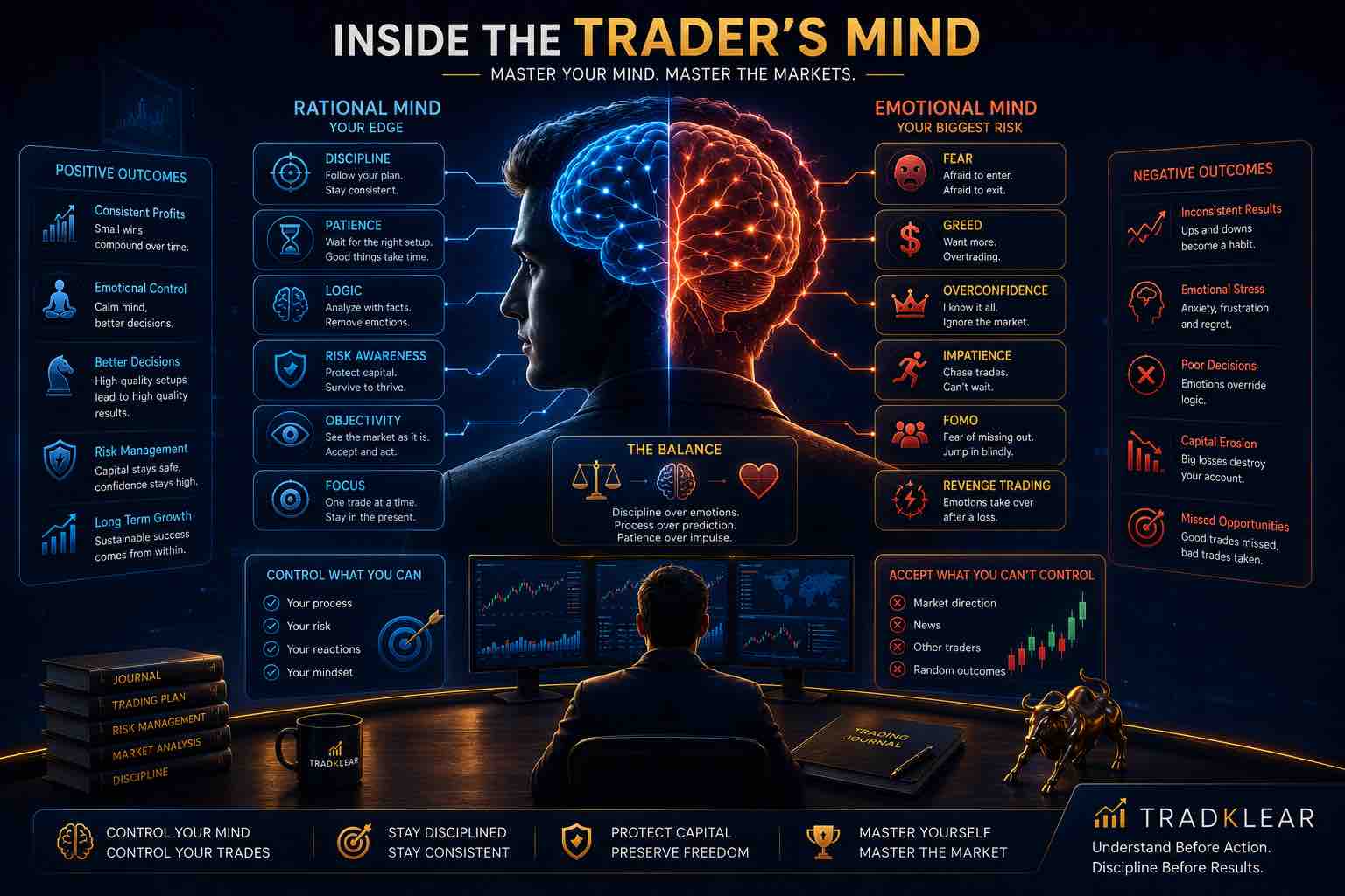 Illustration of trading psychology showing the balance between emotional reactions and disciplined decision-making, highlighting fear, greed, patience, confidence, risk management, and structured thinking in financial markets.